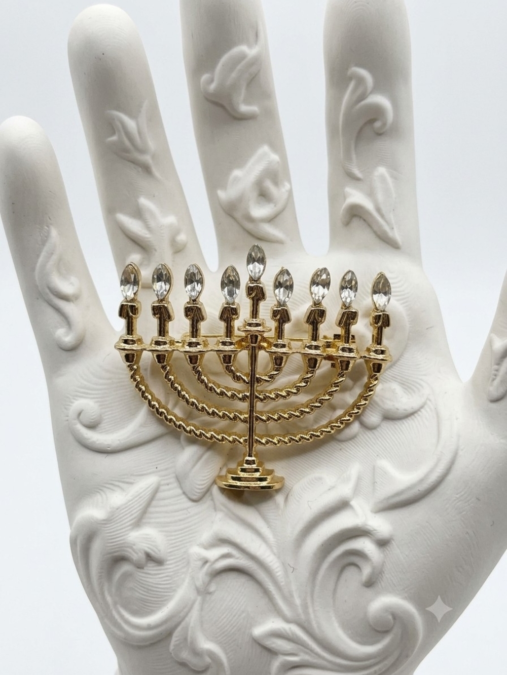 Goldtone Menorah Brooch Pin with Clear Crystal Accents